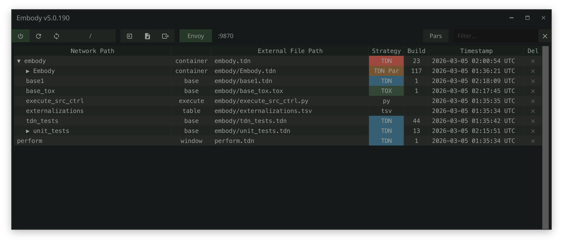 Embody running inside TouchDesigner — the extension panel docked beside a live network.