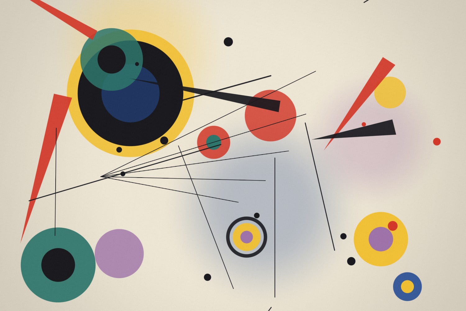 A Kandinsky-style composition rendered in TouchDesigner: a large dark circle with a yellow rim, translucent colored discs, red wedges and thin black lines on pale paper.
