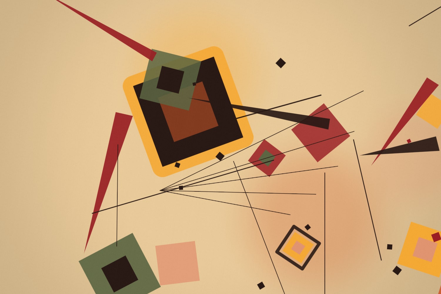 The same composition rebuilt from rotated squares in a warm palette on ochre paper, with the cluster shifted to the right.