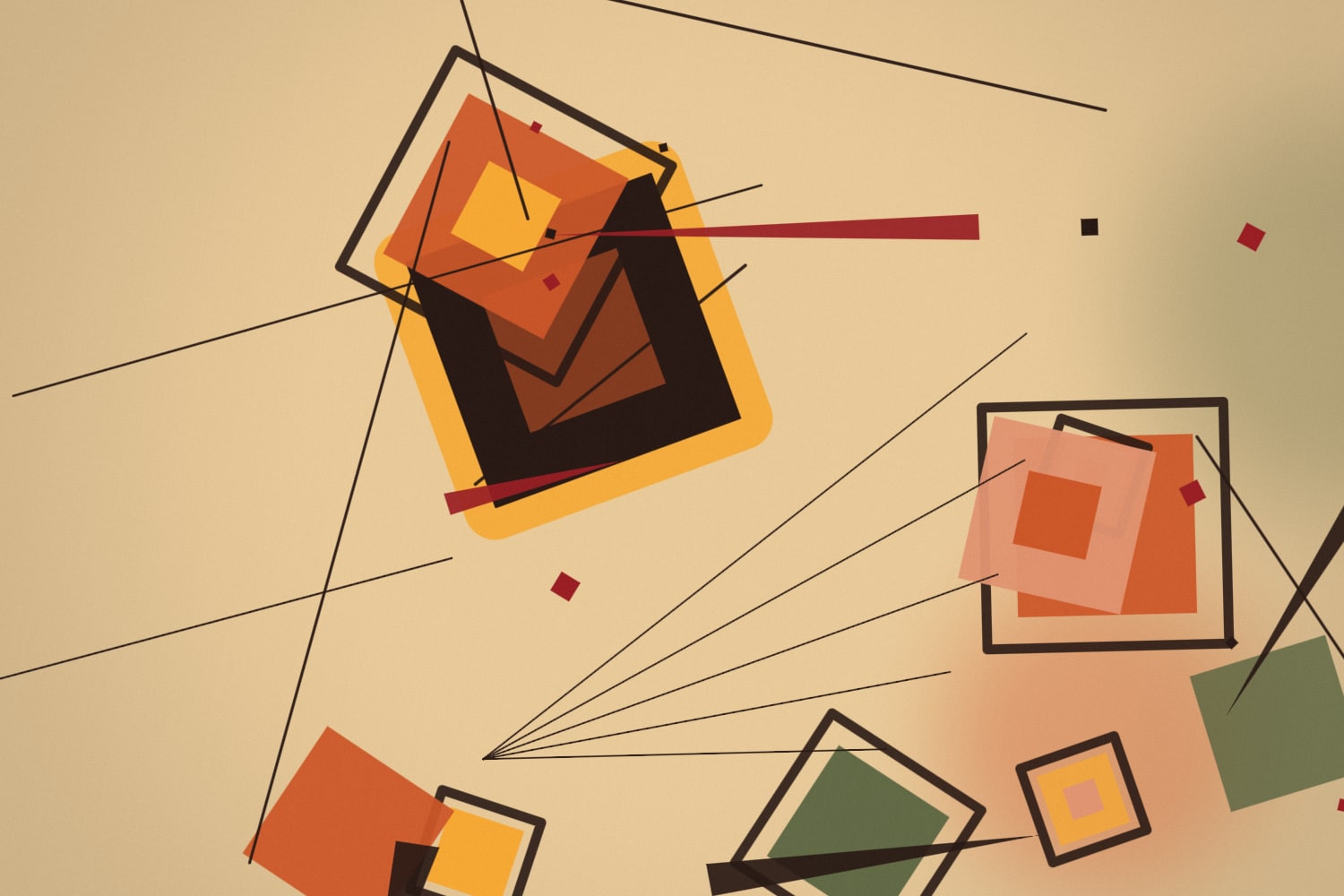 The same warm square style re-scattered by a new seed: a large nested square upper-left, a fan of thin lines, red wedges and small squares on ochre paper.